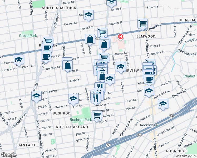 map of restaurants, bars, coffee shops, grocery stores, and more near in Oakland