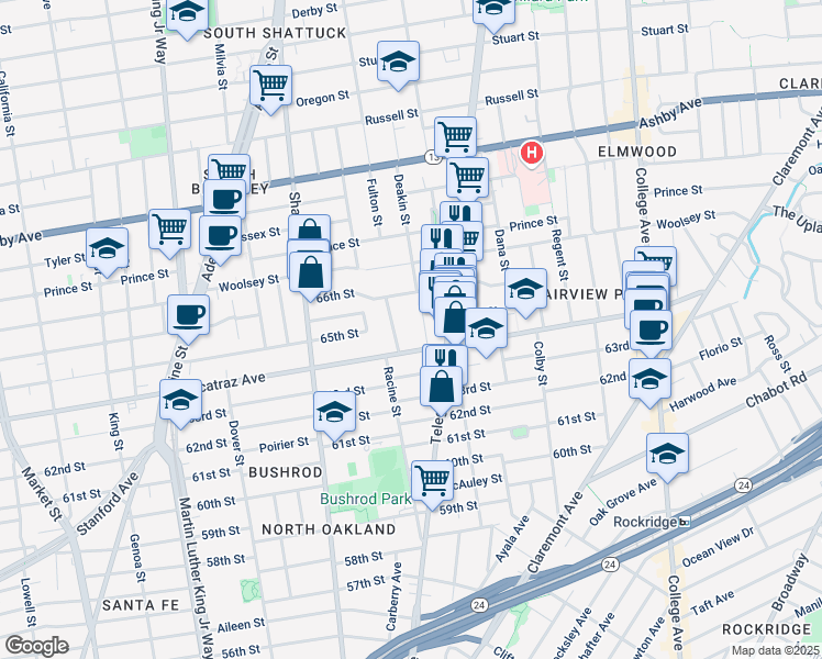 map of restaurants, bars, coffee shops, grocery stores, and more near 6441 Irwin Court in Oakland