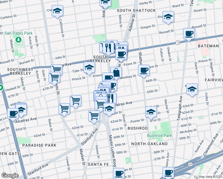 map of restaurants, bars, coffee shops, grocery stores, and more near 3140 Martin Luther King Junior Way in Berkeley