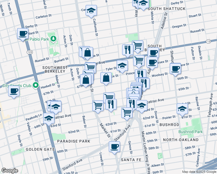 map of restaurants, bars, coffee shops, grocery stores, and more near 1617 Woolsey Street in Berkeley