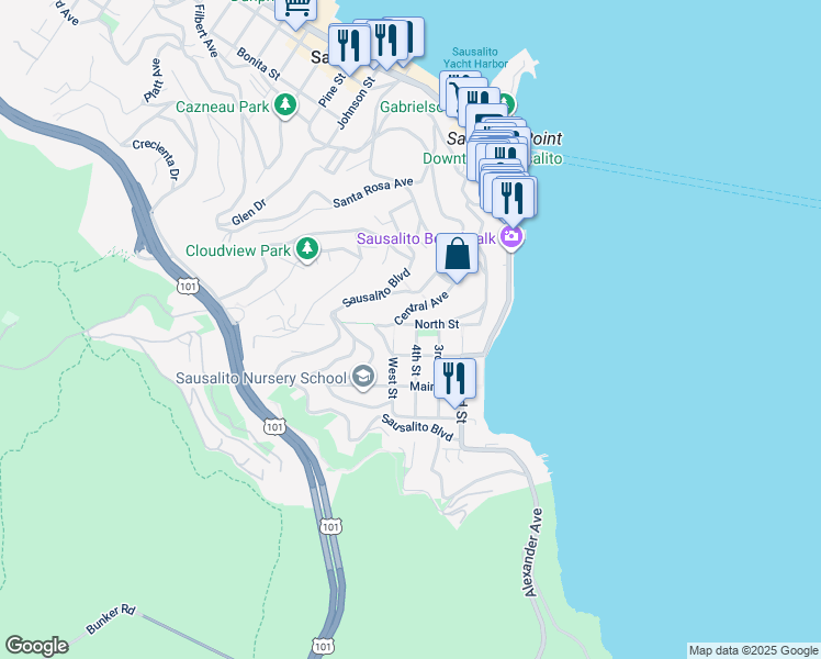 map of restaurants, bars, coffee shops, grocery stores, and more near 416 North Street in Sausalito