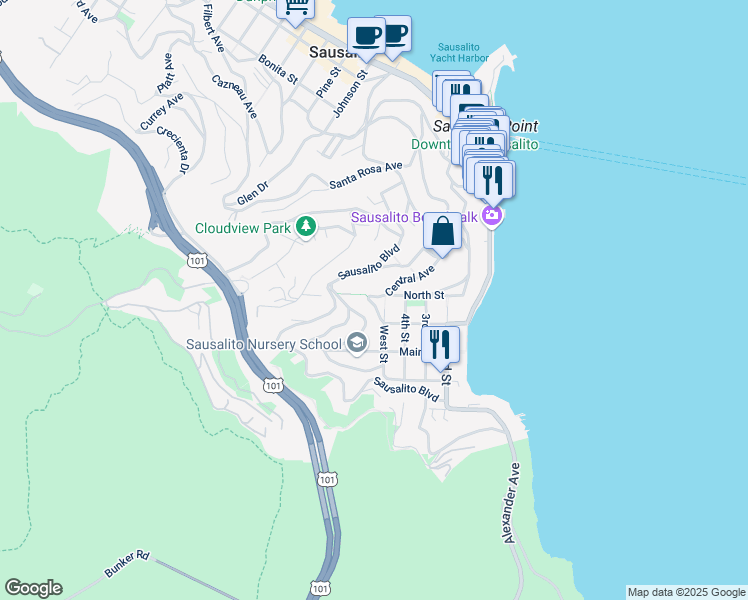 map of restaurants, bars, coffee shops, grocery stores, and more near 45 Central Avenue in Sausalito