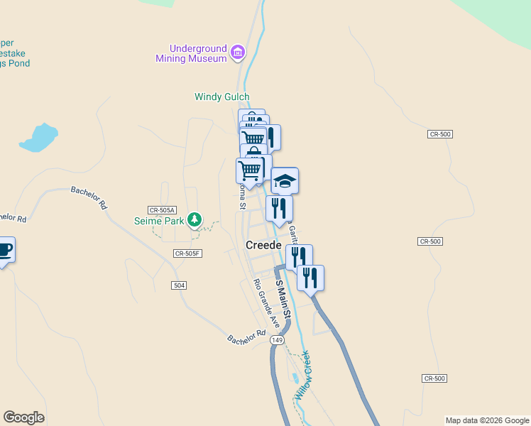map of restaurants, bars, coffee shops, grocery stores, and more near 304 South Main Street in Creede