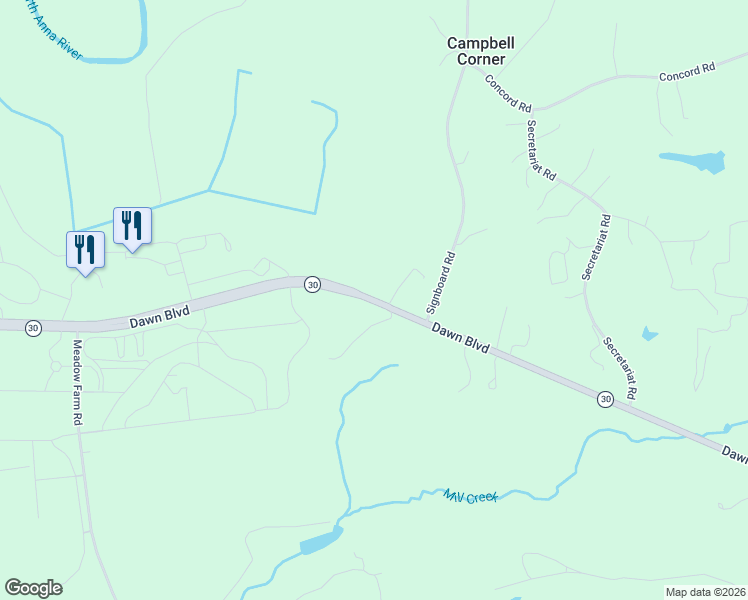 map of restaurants, bars, coffee shops, grocery stores, and more near 13601-14031 Dawn Boulevard in Doswell