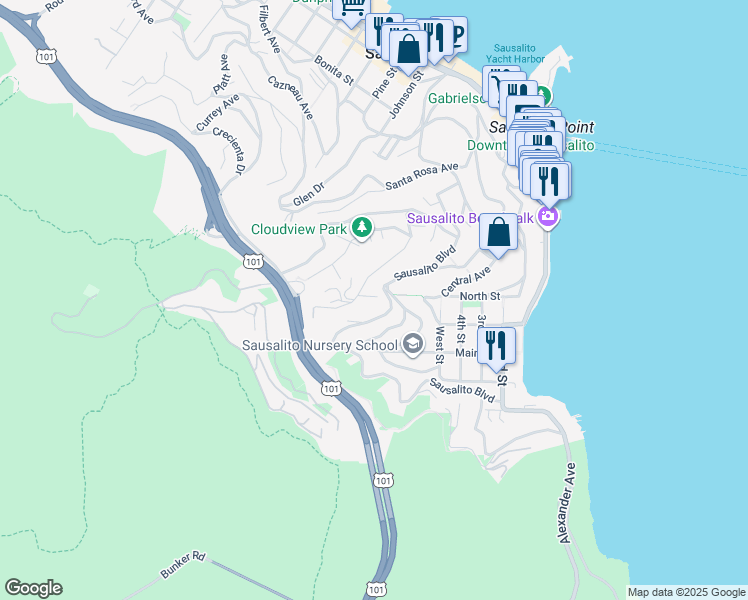 map of restaurants, bars, coffee shops, grocery stores, and more near 49 Cable Roadway in Sausalito