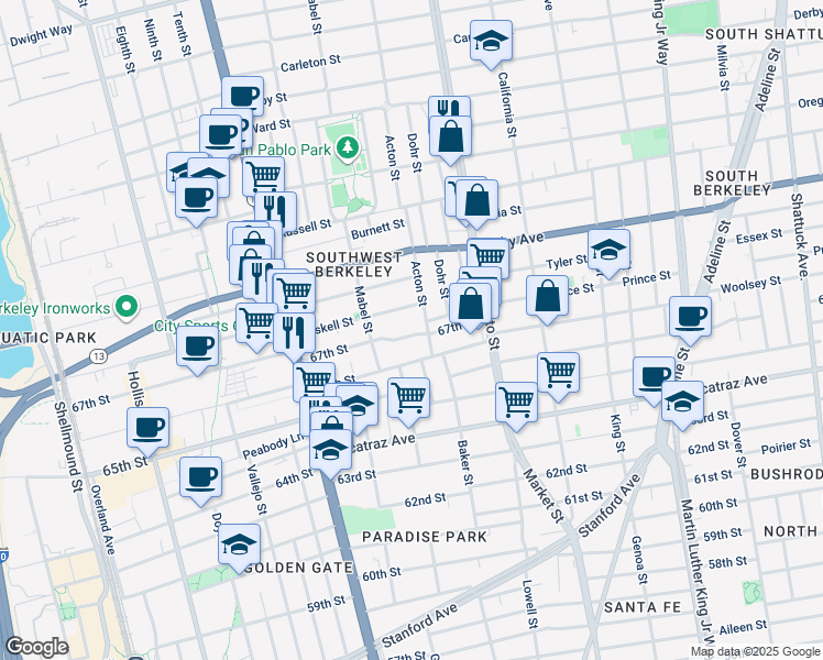map of restaurants, bars, coffee shops, grocery stores, and more near 1331 67th Street in Berkeley