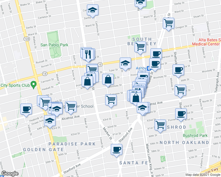 map of restaurants, bars, coffee shops, grocery stores, and more near 1610 Woolsey Street in Berkeley