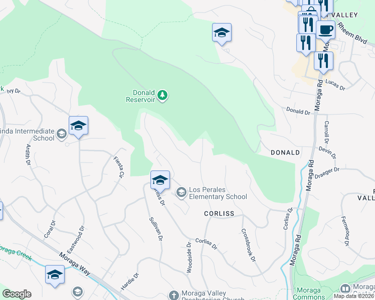 map of restaurants, bars, coffee shops, grocery stores, and more near 34 Ashbrook Place in Moraga