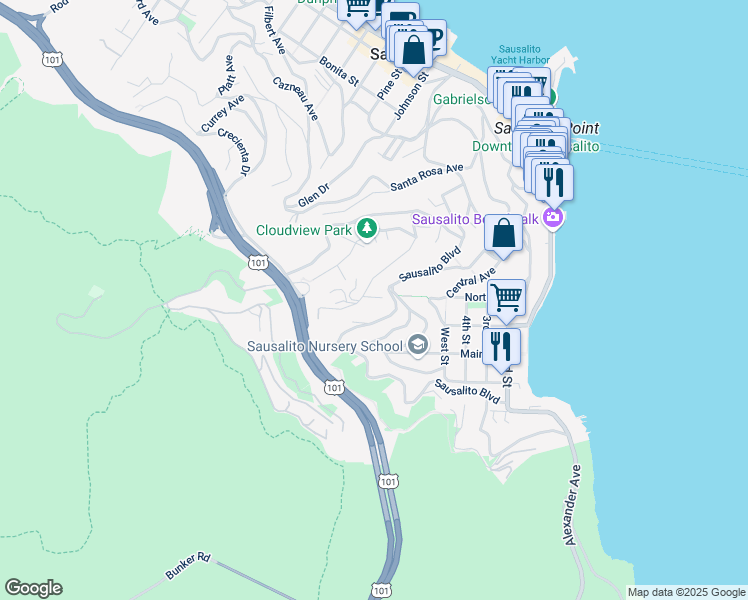 map of restaurants, bars, coffee shops, grocery stores, and more near 51 Cable Roadway in Sausalito