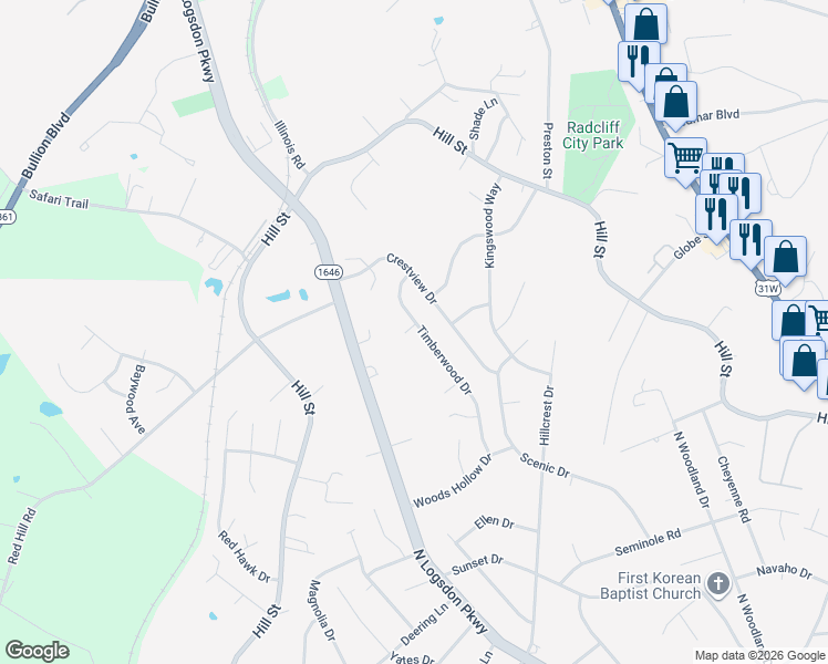 map of restaurants, bars, coffee shops, grocery stores, and more near 951 Timberwood Drive in Radcliff