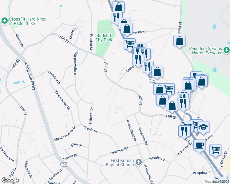 map of restaurants, bars, coffee shops, grocery stores, and more near 1189 Evelyn Drive in Radcliff