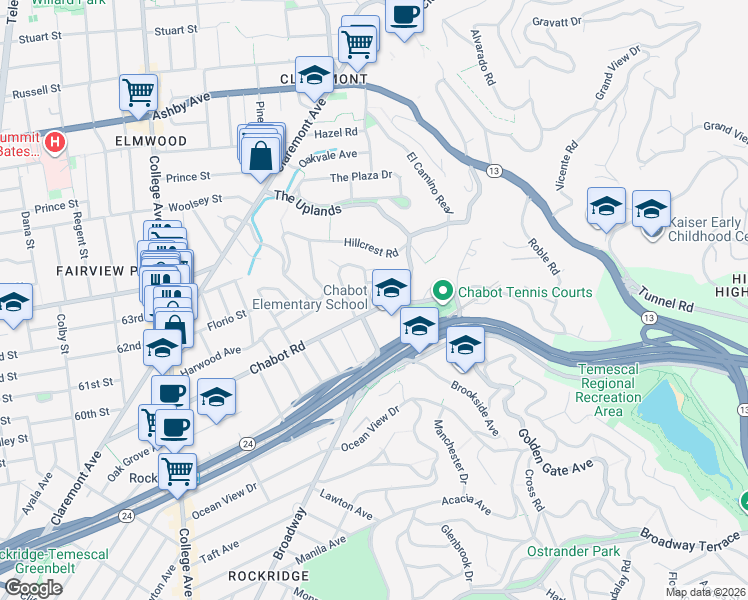 map of restaurants, bars, coffee shops, grocery stores, and more near 5927 Chabot Crest in Oakland
