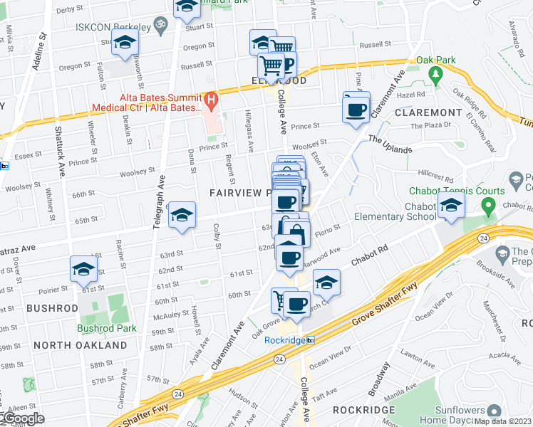 map of restaurants, bars, coffee shops, grocery stores, and more near 347 Alcatraz Avenue in Oakland