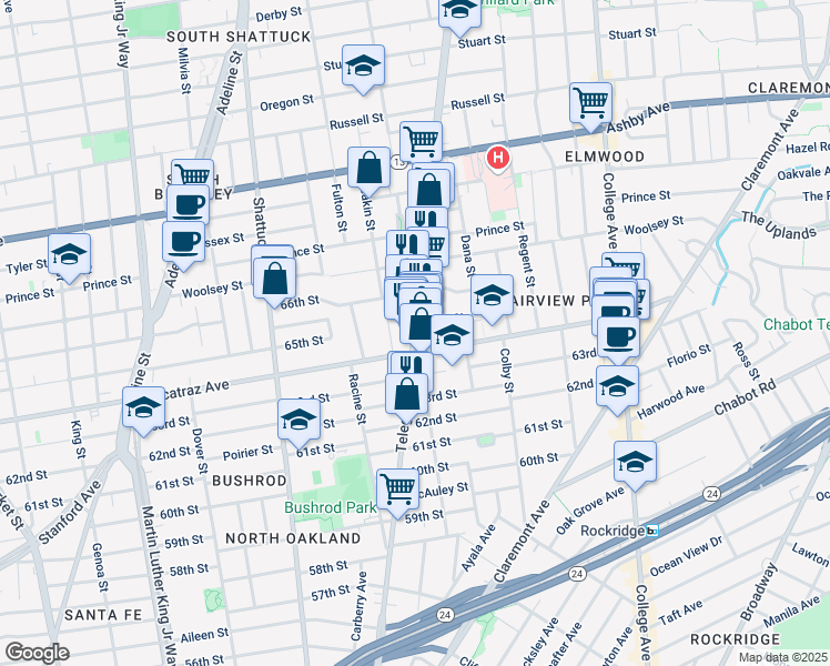 map of restaurants, bars, coffee shops, grocery stores, and more near in Oakland