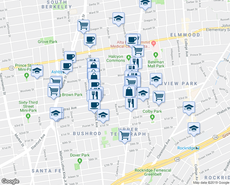map of restaurants, bars, coffee shops, grocery stores, and more near 6514 Wheeler Street in Oakland