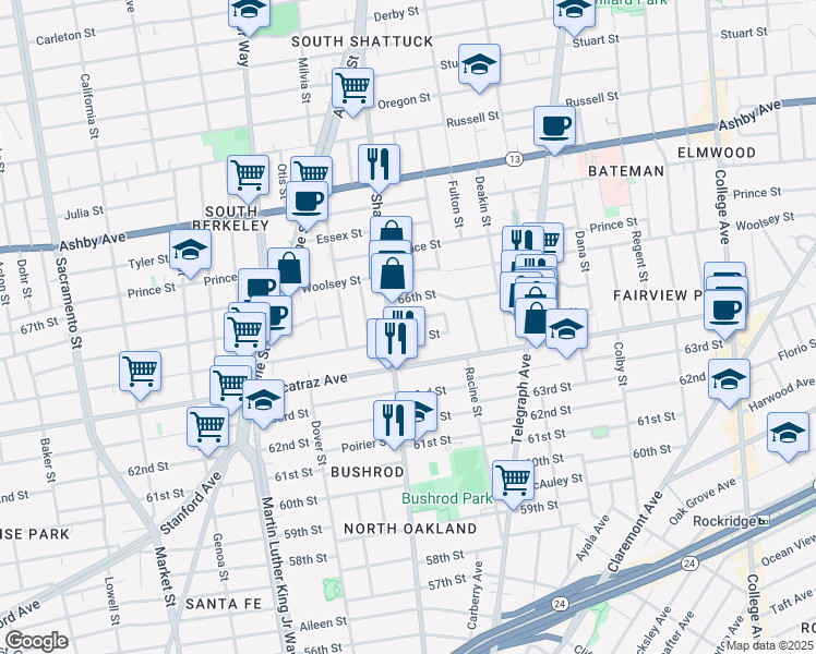 map of restaurants, bars, coffee shops, grocery stores, and more near 675 Fairview Street in Oakland