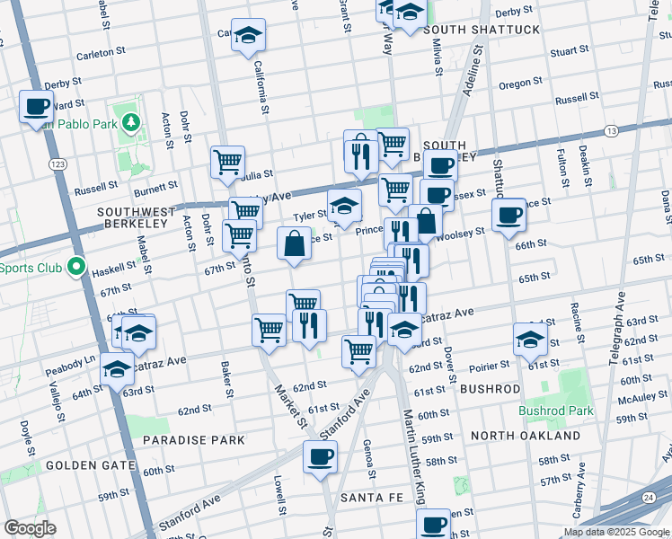 map of restaurants, bars, coffee shops, grocery stores, and more near 3130 King Street in Berkeley