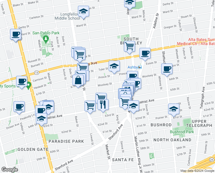 map of restaurants, bars, coffee shops, grocery stores, and more near 1617 Woolsey Street in Berkeley