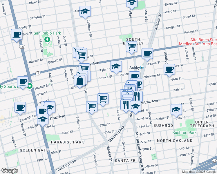 map of restaurants, bars, coffee shops, grocery stores, and more near 1617 Woolsey Street in Berkeley