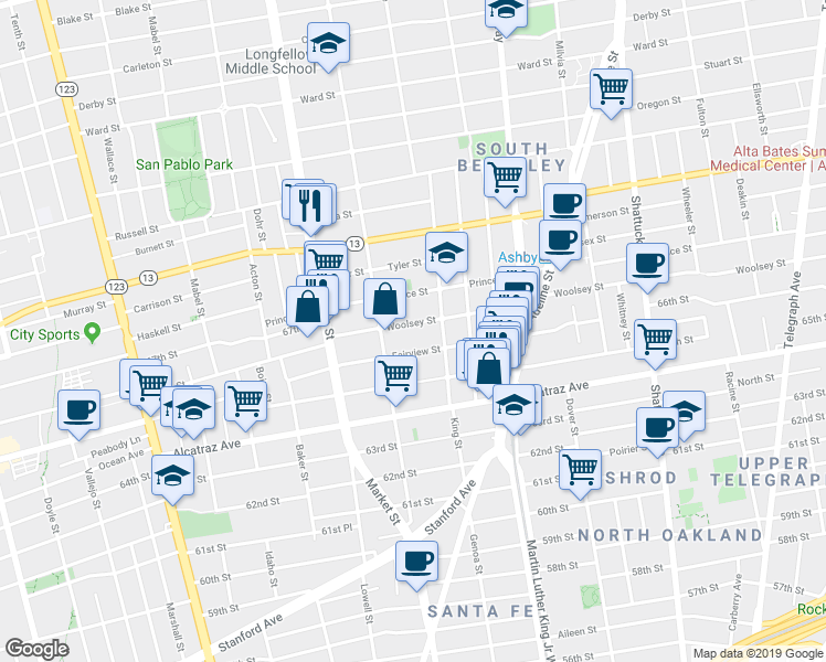 map of restaurants, bars, coffee shops, grocery stores, and more near 1617 Woolsey Street in Berkeley