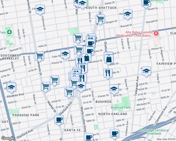 map of restaurants, bars, coffee shops, grocery stores, and more near 1912 Fairview Street in Berkeley
