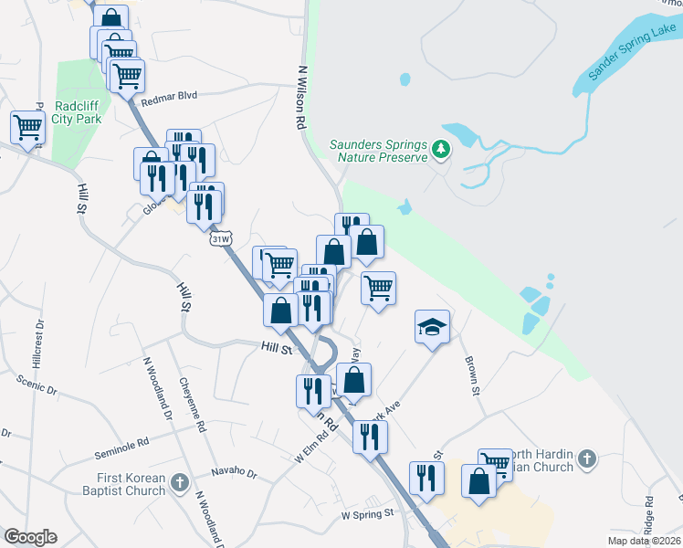 map of restaurants, bars, coffee shops, grocery stores, and more near 2059 Walmart Way in Radcliff