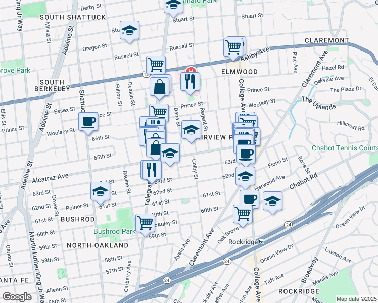map of restaurants, bars, coffee shops, grocery stores, and more near 410 Alcatraz Avenue in Oakland
