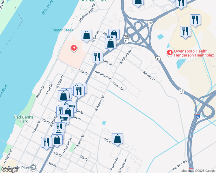 map of restaurants, bars, coffee shops, grocery stores, and more near 1201 North Adams Street in Henderson
