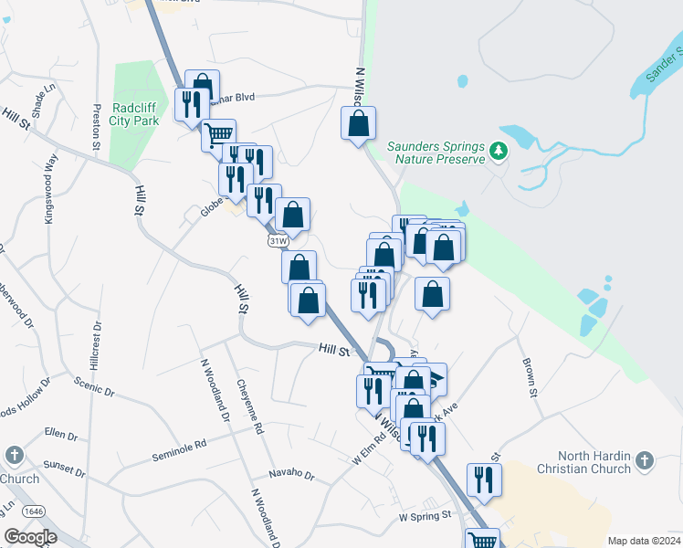 map of restaurants, bars, coffee shops, grocery stores, and more near 230 Eagle Pass in Radcliff