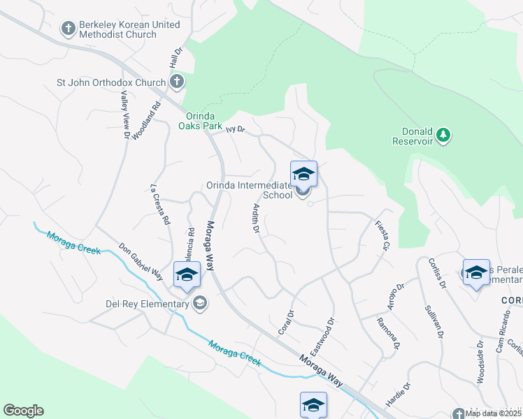 map of restaurants, bars, coffee shops, grocery stores, and more near 133 Ardith Drive in Orinda