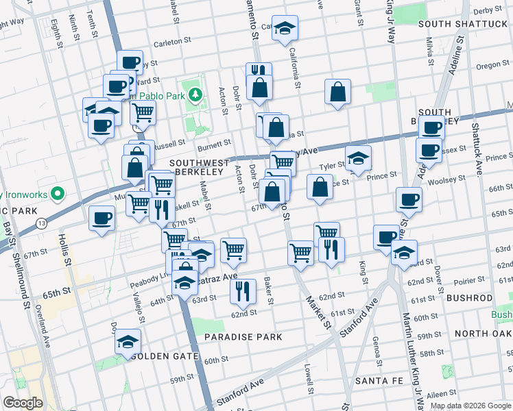 map of restaurants, bars, coffee shops, grocery stores, and more near 1415 67th Street in Berkeley