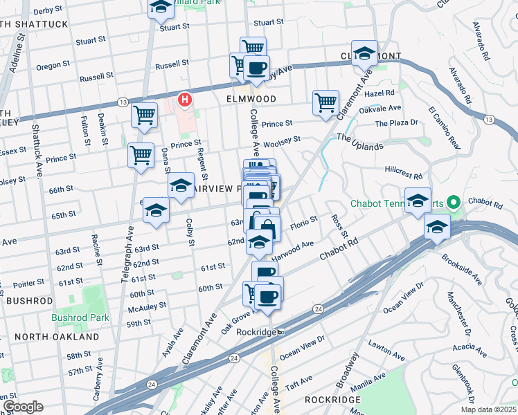 map of restaurants, bars, coffee shops, grocery stores, and more near 3201 College Avenue in Berkeley