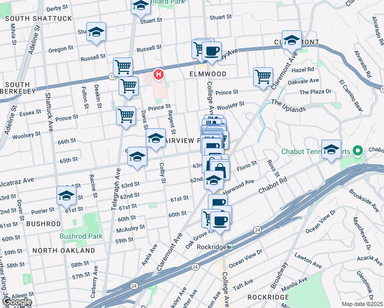 map of restaurants, bars, coffee shops, grocery stores, and more near 347 Alcatraz Avenue in Oakland