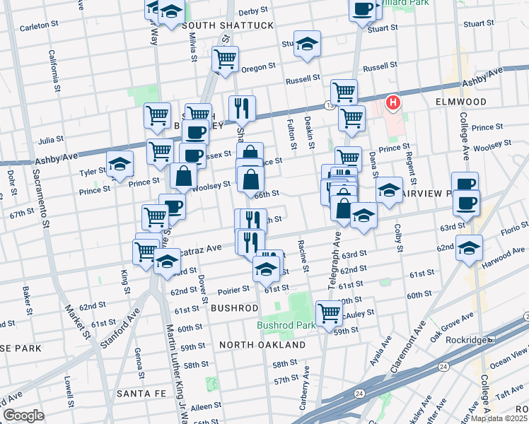 map of restaurants, bars, coffee shops, grocery stores, and more near 675 Fairview Street in Oakland