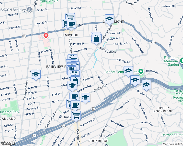 map of restaurants, bars, coffee shops, grocery stores, and more near 6217 Ross Street in Oakland