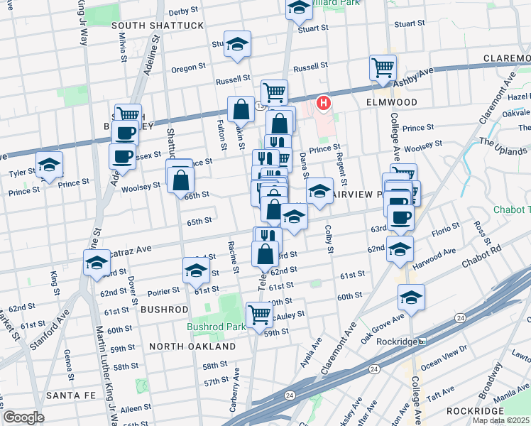 map of restaurants, bars, coffee shops, grocery stores, and more near 6505 Telegraph Avenue in Oakland