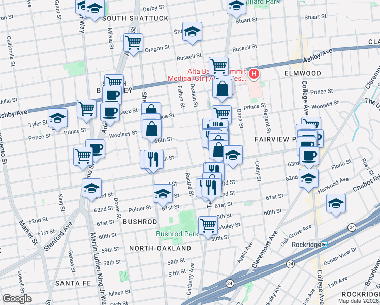map of restaurants, bars, coffee shops, grocery stores, and more near 6441 Irwin Court in Oakland