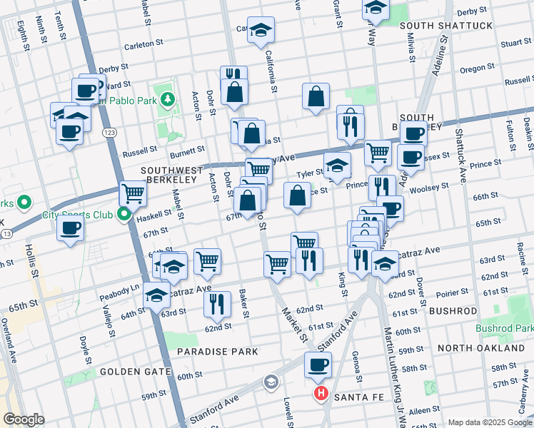 map of restaurants, bars, coffee shops, grocery stores, and more near 3120 Sacramento Street in Berkeley