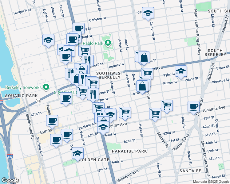 map of restaurants, bars, coffee shops, grocery stores, and more near 1304 Haskell Street in Berkeley