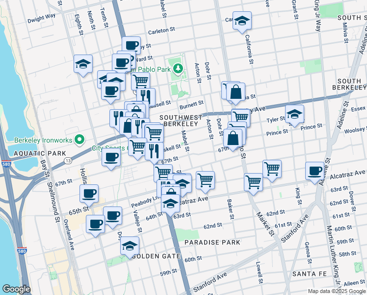 map of restaurants, bars, coffee shops, grocery stores, and more near 1304 Haskell Street in Berkeley