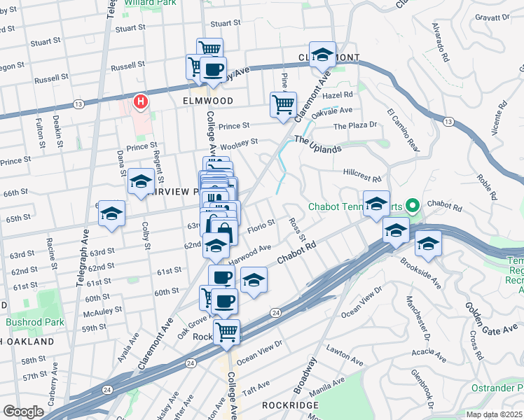 map of restaurants, bars, coffee shops, grocery stores, and more near 6232 Manoa Street in Oakland