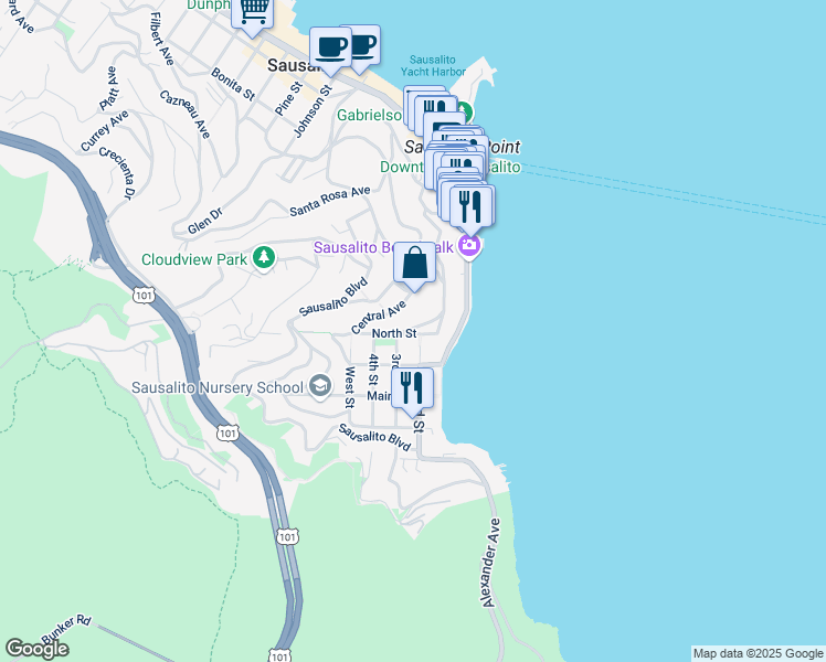 map of restaurants, bars, coffee shops, grocery stores, and more near 18 Atwood Avenue in Sausalito