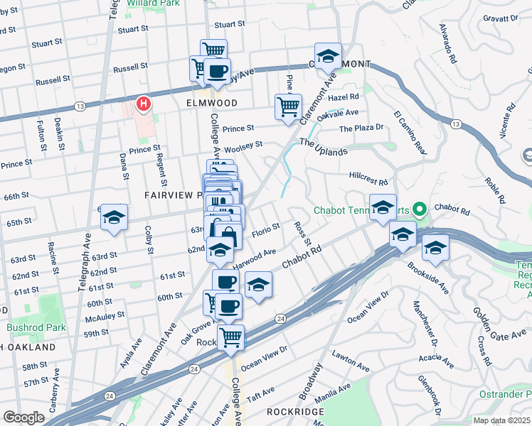 map of restaurants, bars, coffee shops, grocery stores, and more near 6232 Manoa Street in Oakland