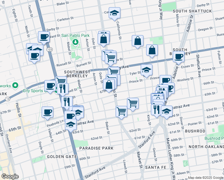 map of restaurants, bars, coffee shops, grocery stores, and more near 3120 Sacramento Street in Berkeley
