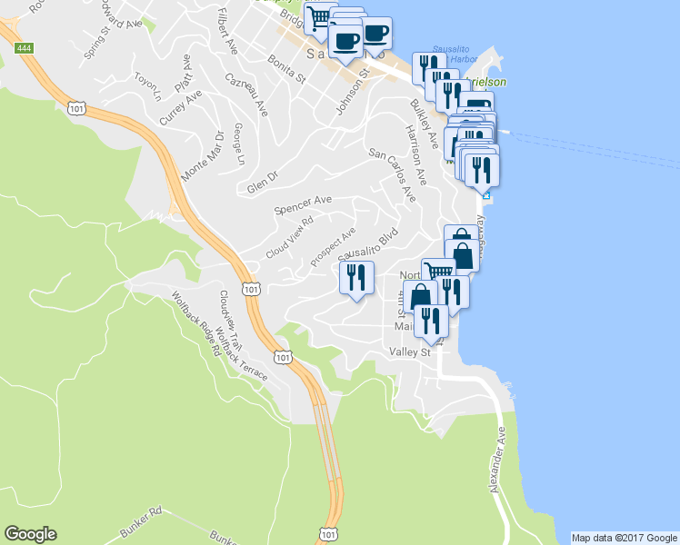 map of restaurants, bars, coffee shops, grocery stores, and more near 176 Crescent Avenue in Sausalito