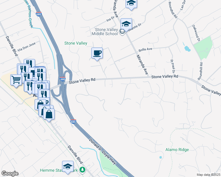 map of restaurants, bars, coffee shops, grocery stores, and more near 23 Hidden Valley Place in Alamo