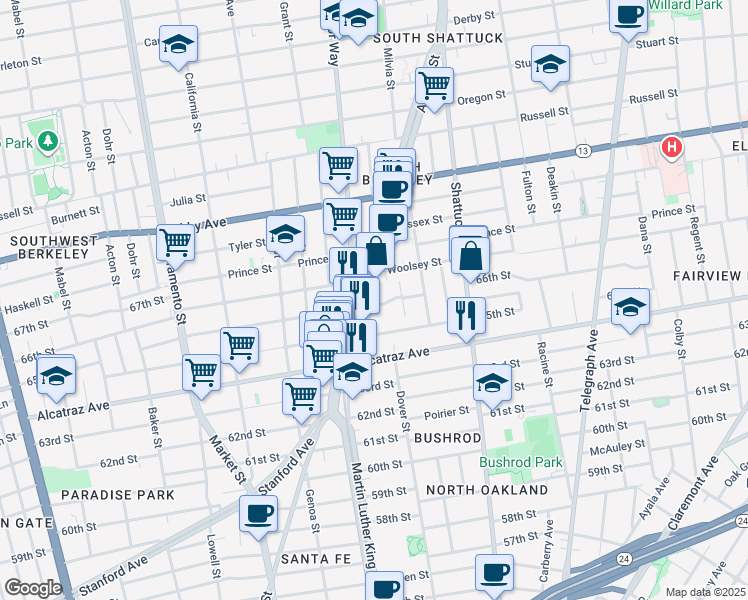 map of restaurants, bars, coffee shops, grocery stores, and more near 1919 Fairview Street in Berkeley