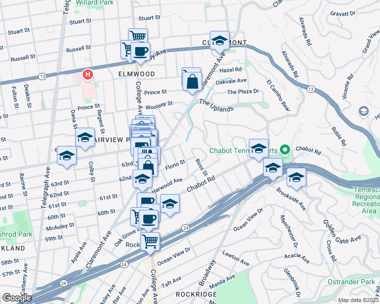 map of restaurants, bars, coffee shops, grocery stores, and more near 6217 Ross Street in Oakland