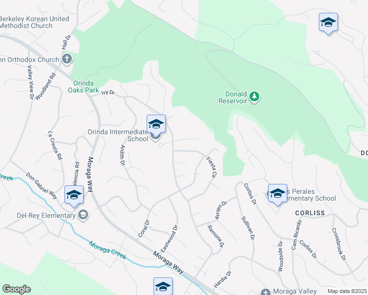 map of restaurants, bars, coffee shops, grocery stores, and more near 107 Fiesta Circle in Orinda
