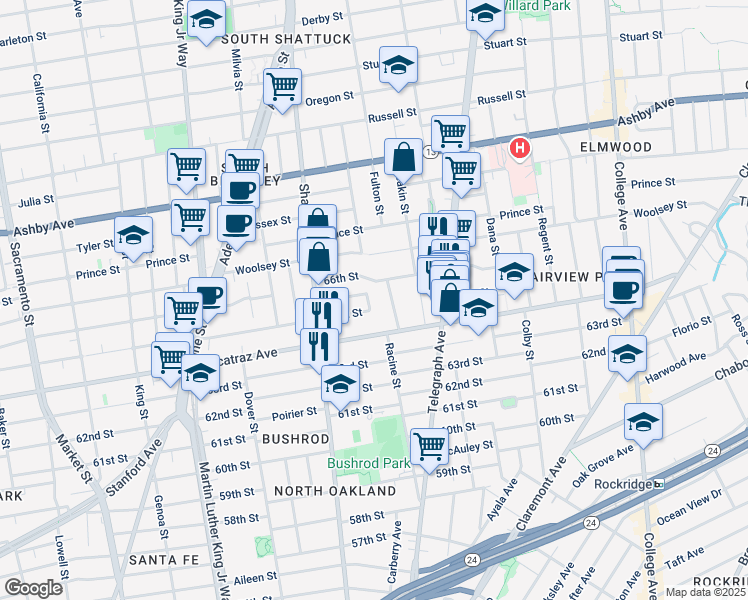 map of restaurants, bars, coffee shops, grocery stores, and more near 6514 Wheeler Street in Oakland